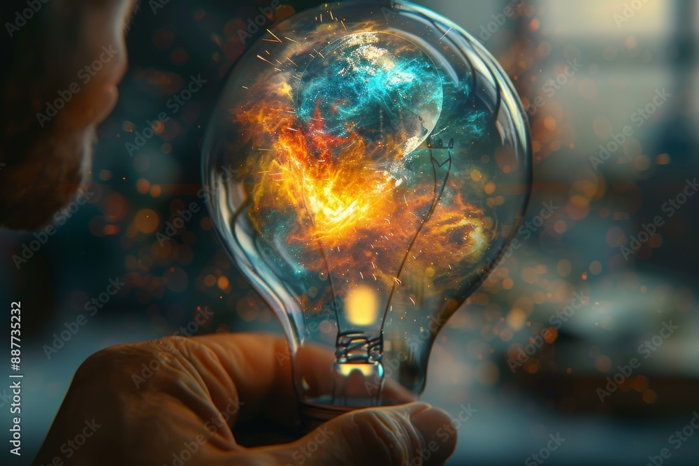 Poster conceptual image of a hand holding a glowing light bulb with a galaxy inside symbolizing ideas and c