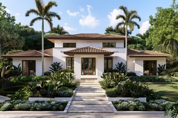 Fototapeta premium Elegant Mediterranean Villa with Palm Trees and Well-Maintained Garden