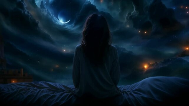 Sleep, dreams fantasy concept. View of the back of a dreaming woman sitting on a bed at night and looking at the starry fairytale sky, looping