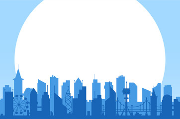 Fototapeta premium Silhouette of a modern city with skyscrapers, bridge, ferris wheel and clouds and round border