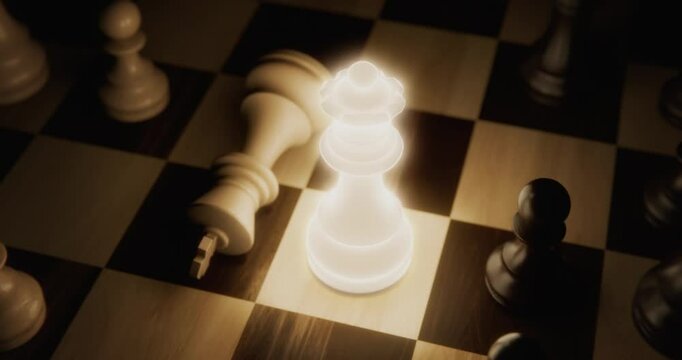 3D Rendering - Realistic wooden Chess game featuring Checkmate scene won by light emitting queen figure view from above by camera rotation