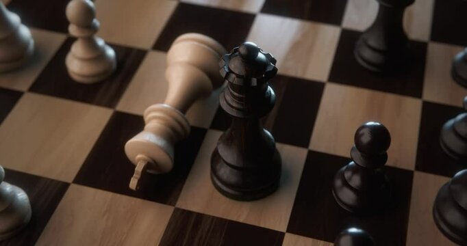 3D Rendering - Realistic wooden Chess game featuring Checkmate scene won by black queen figure view from above by camera rotation