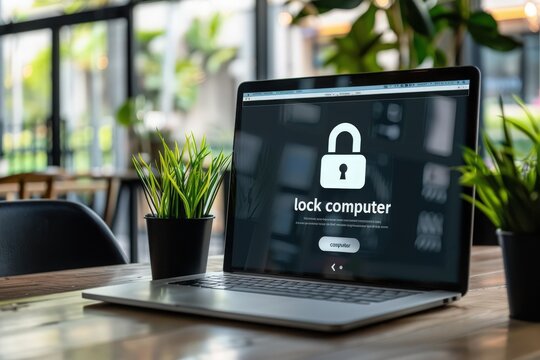 A laptop computer sits on a wooden table with a padlock icon on the screen, indicating the device is locked. Green plants are visible on either side of the laptop.