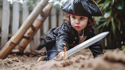 Little boy in a pirate costume playing with a toy sword in a sandy area, focused and determined The adventurous spirit of childhood, emphasizing imaginative play and creativity