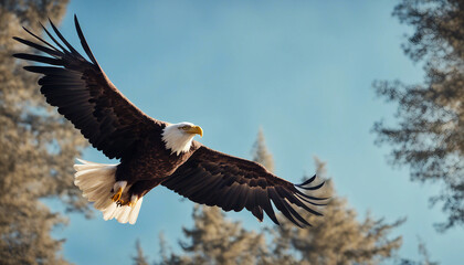 Obraz premium A bald eagle soaring above the forest, clear blue sky 