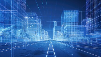 Innovative 3D Digital Blueprint of a Modern Building - Architectural Visualization with Glowing Blue Lines and Night Sky Background. Cutting-Edge Digital Blueprint of Urban Building