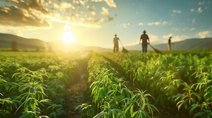 Fototapeta premium Farmers walking through industrial hemp field at sunset