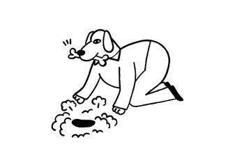 Dog hiding bone in the hole in the ground