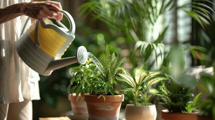 A person watering indoor plants in a bright, sustainable apartment, Realism, Warm Tones, High Detail