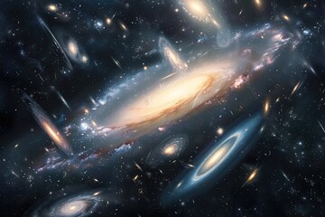 The vast universe with countless galaxies spread across the cosmic expanse, A cluster of galaxies colliding and merging in a celestial dance, Outer Space Galaxy Stars Universe Cosmic Background
