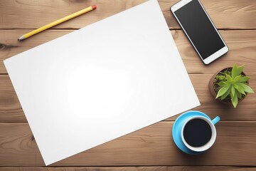 Work desk in top view with empty space for advertisements