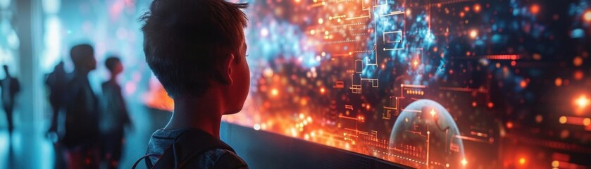 Students in a classroom, bursting with excitement as they solve a complex problem on an interactive holographic board, Futuristic, Neon, Digital