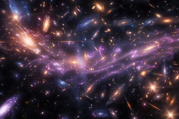 Numerous galaxies floating in the vastness of space, A cluster of galaxies colliding and merging in a celestial dance, Conceptual universe and galaxies supernova concept, AI generated