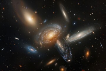 Numerous galaxies floating in the vastness of space, A cluster of galaxies colliding and merging in a celestial dance, Conceptual universe and galaxies supernova concept, AI generated