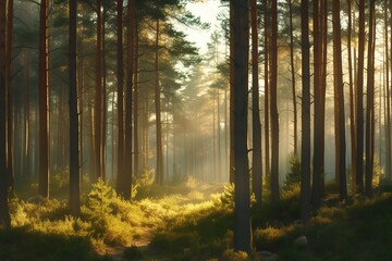 Obraz premium The sun through the pine forest at sunrise