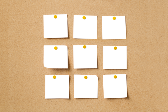 Notes mockup png, pinned on brown corkboard