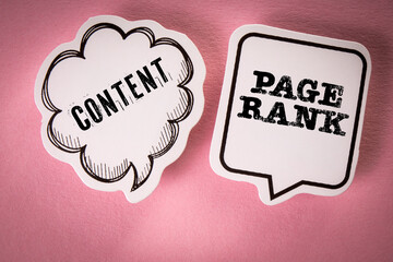Conctent  and  Page Rank. Two speech bubbles with text on a pink background