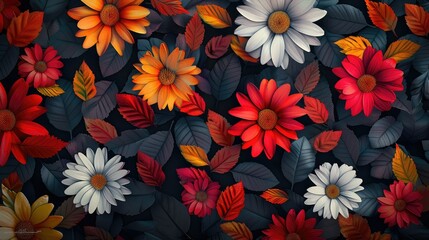 Obraz premium Dark floral background wallpaper design with multicolor flowers and leaves