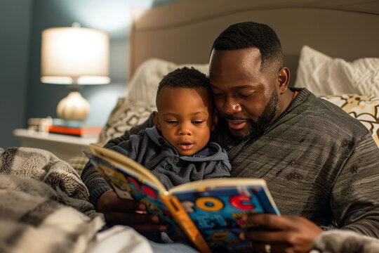 A father reading a bedtime story to his young son, depicting a bonding moment and family togetherness.