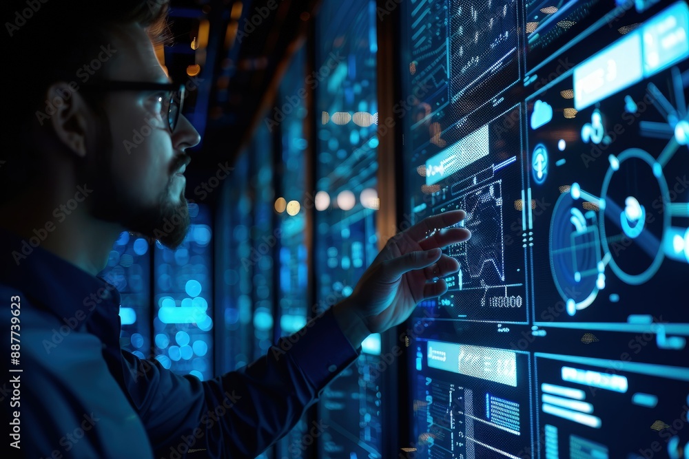 Sticker a man looking at a display of data in a server room