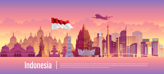 Vector design Ilustration of Indonesia landmark and flag. Indonesia garden theme and travel concept.