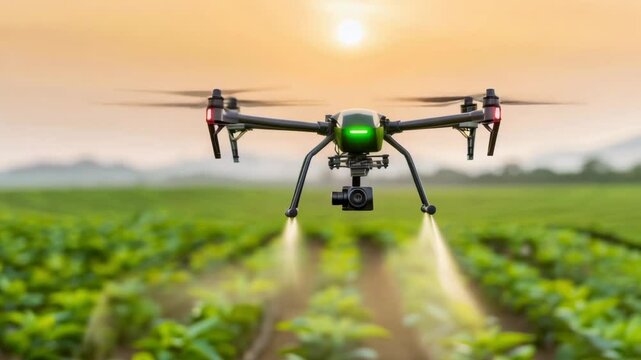 An agrodrone efficiently flies over expansive green fields, processing plants with precision and showcasing the integration of modern technology in sustainable agriculture.