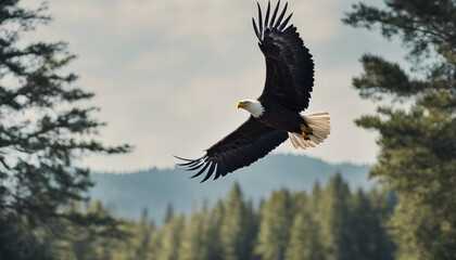 Obraz premium A bald eagle soaring above the forest, clear blue sky 