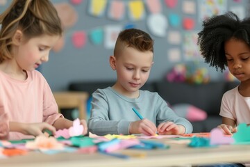 Fototapeta premium Children gathered around a table making crafts for a party, school celebration, creative and engaging