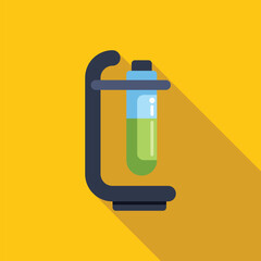 Illustration of a laboratory test tube filled with green liquid, securely held in place by a clamp against a vibrant yellow backdrop