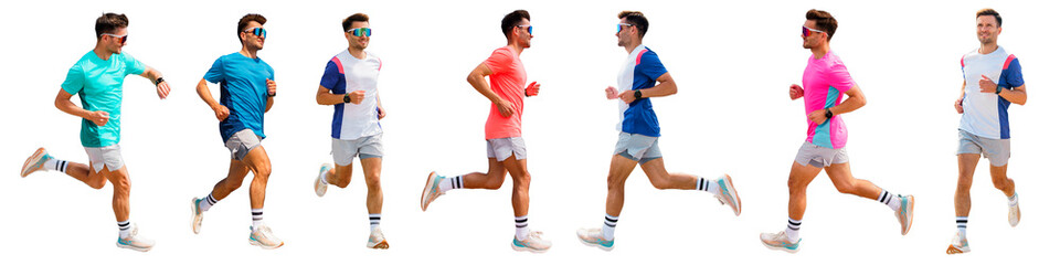 Collage of athletes men people running runners in sportswear, fitness warm-up sports. Cut out