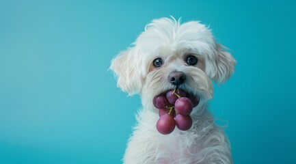 white Poodle with Grapes in Mouth on Yellow Background - Dangers of Grapes for Dog Health Concept, toxic food, pet care, canine health, veterinary medicine, pet safety, grape toxicity, veterinary trea