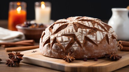 Fototapeta premium Handcrafted gluten free sourdough bread with buckwheat and walnuts on a wooden cutting board placed on white marble countertop 