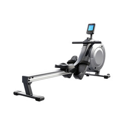 Modern gym fitness rowing machine with touch screen monitor isolated on white background, png file.