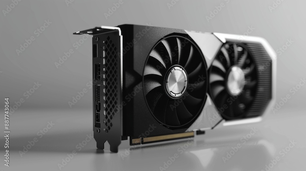 Poster a black and white computer graphics card with a silver and black fan