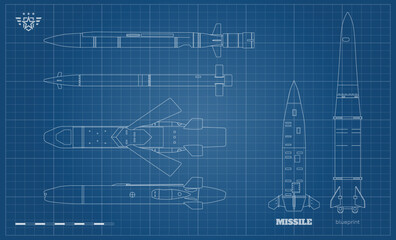 Missile industrial drawing. Ballistic and cruise missile blueprint. Strategic weapon outline art. War technology. Aircraft military bomb. Contour objects