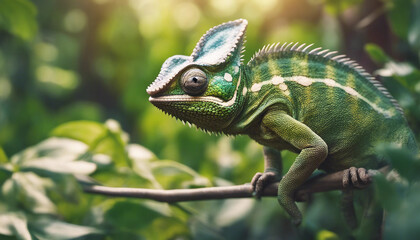 Obraz premium A chameleon blending into the foliage, midday sun 