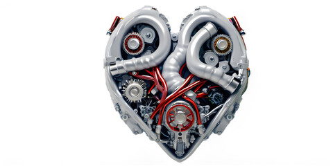 A visually striking representation of a mechanical heart, intricately designed with engine parts and wires. Heart isolated in transparent background.
