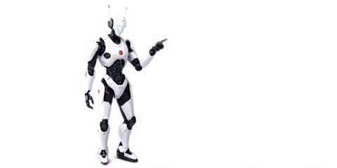 A highly detailed render of an advanced humanoid robot in a dynamic pose, pointing to the side.  isolated in transparent background.