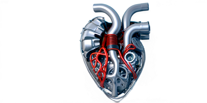 A visually striking representation of a mechanical heart, intricately designed with engine parts and wires. Heart isolated in transparent background.
