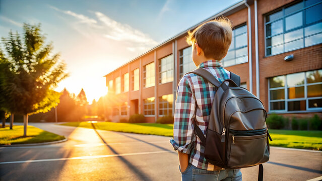 young boy with a backpack standing in front of a school building at sunrise. After vacation to school School setting with a boy in a backpack, early morning light casting hope and anticipation for the