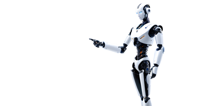 A highly detailed render of an advanced humanoid robot in a dynamic pose, pointing to the side.  isolated in transparent background.
