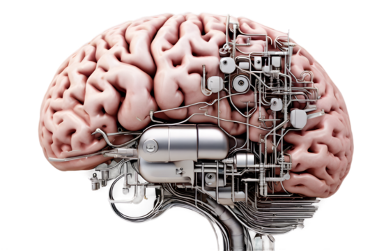 Transparent image of highly detailed and realistic render of a robotic brain seamlessly integrated with advanced engine components.