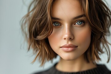 Fototapeta premium Close-up photo of a young woman with short brown hair and blue eyes, wearing a black sweater, staring intently at the camera.