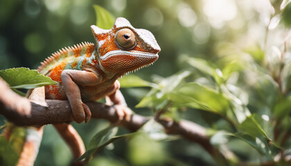 Fototapeta premium A chameleon blending into the foliage, midday sun 