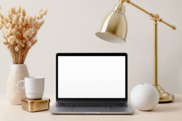 Transparent laptop png, screen mockup, aesthetic workspace, luxurious brass decoration