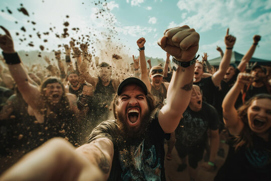 people of ai // party people in the mosh pit at heavy metal open air, screaming man in the center raising fist, selfie, dirty jumping crowd, photorealistic // ai-generated