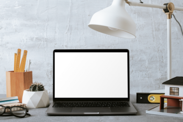 Transparent laptop png, screen mockup, loft workspace for architect