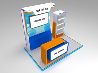 3d illustration stand booth 3x2m with table receptionist rack display and blank LED TV screen for logo company for event exhibition. Image background isolated.