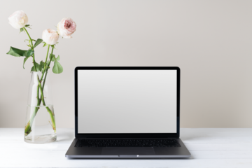 Transparent png, laptop screen mockup, minimal workspace, white flower decoration