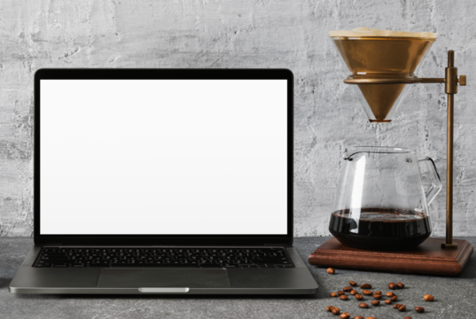 Laptop screen mockup png, minimal workspace for coffee lover